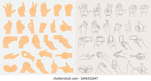 Gran conjunto con gestos de manos humanas. Diversos gestos, señales y signos. Ilustración dibujada a mano. Aislado. Elementos de diseño de vectores para infografía, web, internet, presentación.