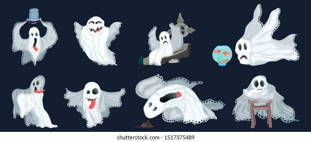 big set of ghosts in a flat style on a blue background