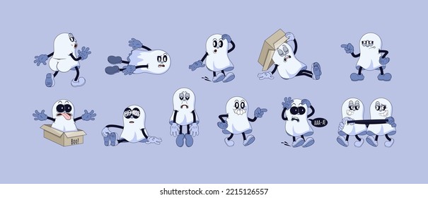 Big set of ghosts in retro comic cartoon stule. Cute comic gloved hands characters in Contemporary style. Doodle comic characters for autumn holiday of the halloween.