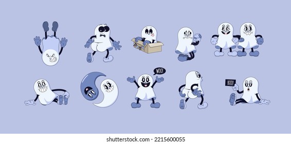 Big set of ghosts in retro comic cartoon stule. Cute comic gloved hands characters in Contemporary style. Doodle comic characters for autumn holiday of the halloween.