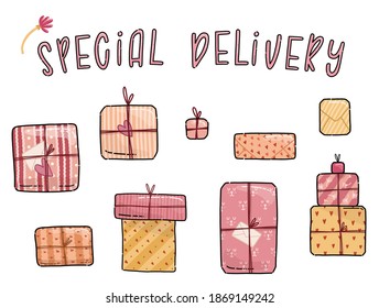 Big set of gift boxes. 12 elements. Special delivery for holiday season. Pink, red, yellow boxes with presents. Delivery advertising and funny shopping