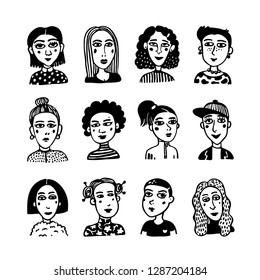 Big set of gilrls avatars. Doodle style portraits of fashionable girls. Feminists union, girls power, sisterhood concept. Black and white hand drawn vector illustration.