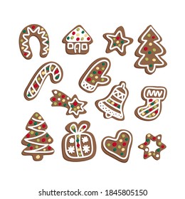 Big set of gingerbread. Christmas elements for the winter holidays. Gingerbread tree, gift, stars, bell, ball, , heart. Hand drawn vector illustration. Hand drawn and cartoon style.