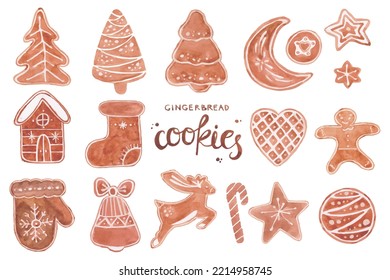 Big set of Gingerbread cookie. Holiday treat in shape of xmas house, bell, snowflake, man, star, snowman, deer vector illustration isolated on white background