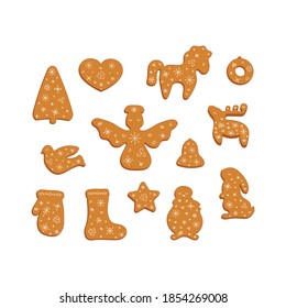 Big set of gingerbread cookies. Decorative gingerbread deer, hors, christmas tree, rabbit, bell, heart, snowman, angel, wreath, bird, mitten, sock, star with icing. Vector illustration.