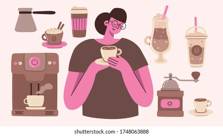 Big set of girl with coffee, coffee maker, cup, glass, coffee grinder in line art style on background. Vector modern illustration in flat design.