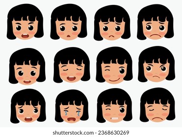 Big set of girl emoticon Face icons. Cartoon emoji set. Vector emoticon set.