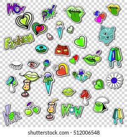 Big set of Girl Fashion Comics Style Patch Badges, Stickers kit, Funny Pins, Skech Cartoon Labels