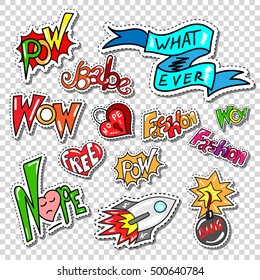 Big set of Girl Fashion Patch, Comics Style Badges, 80s-90s stickers Kit, Funny Pins, Skech Cartoon Labels with Lips, Eyes, Speech, Cat, Hearts 