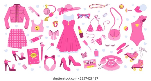 Big set of glamorous trendy pink clothing, cosmetics, accessories, shoes, telephone, diary. Flat vector illustration on white background. Nostalgic Pinkcore 2000s style collection.