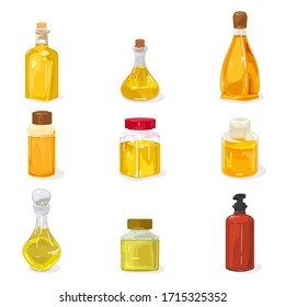 Big set glass bottles, vials, jars closed by cap, cork with perfume, cologne water, oil, liquid natural remedy for treatment, massage, cosmetic procedures, cooking. Vector mockup, template on white.