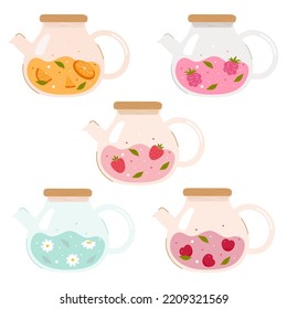 Big set of glass teapots with different flavors