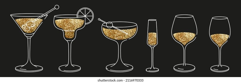 Big set of glassware alcoholic drinks. Golden glitter illustration isolated. Flat design style with color fill. Champagne, wine, martini, cocktails