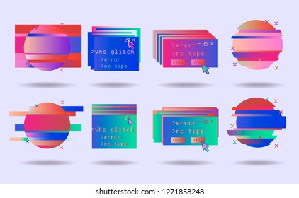 Big set of Glitch Art elements: Computer screen error, pixalization, digital noise, lo-fi artefact, TV signal fail, data decay, code error. Collection of abstract vector elements for design.
