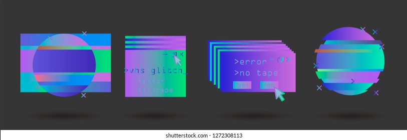 Big set of Glitch Art elements: Computer screen error, pixalization, digital noise, lo-fi artefact, data decay. Collection of abstract vector elements in pink, violet, blue, purple pastel colors.