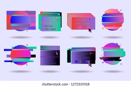 Big set of Glitch Art elements: Computer screen error, pixalization, digital noise, lo-fi artefact, data decay. Collection of abstract vector elements in pink, violet, blue, purple pastel colors.