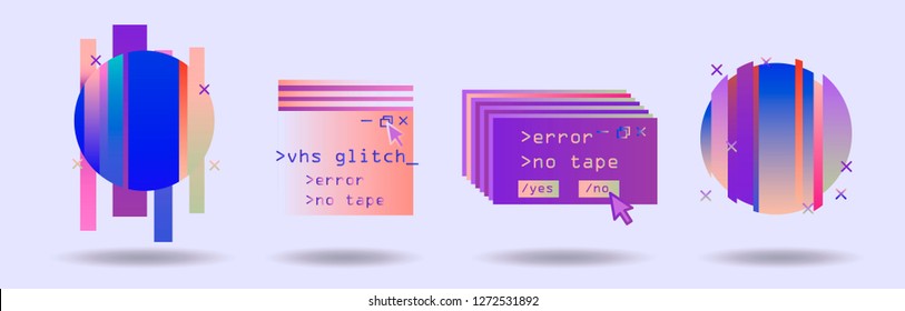 Big set of Glitch Art elements: Computer screen error, pixalization, digital noise, lo-fi artefact, data decay. Collection of abstract vector elements in pink, violet, blue, purple pastel colors.