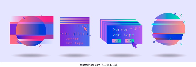 Big set of Glitch Art elements: Computer screen error, pixalization, digital noise, lo-fi artefact, data decay. Collection of abstract vector elements in pink, violet, blue, purple pastel colors.