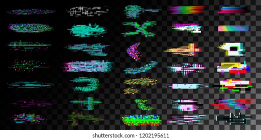 Big set of Glitch effect elements on transparent background, Vector