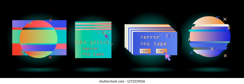 Big set of Glitched Frames: Computer screen error, pixalization, digital noise, lo-fi artefact in pink, violet, blue, purple neon colors. Collection of vector elements in Vaporwave/ Synthwave style.