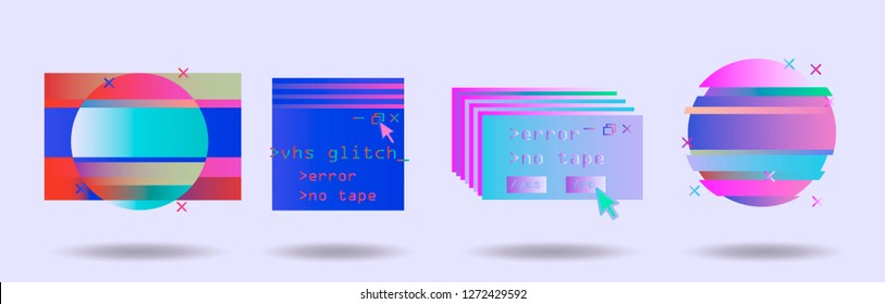 Big set of Glitched Frames: Computer screen error, pixalization, digital noise, lo-fi artefact in pink, violet, blue, purple pastel colors. Collection of vector elements in Vaporwave/ Synthwave style.