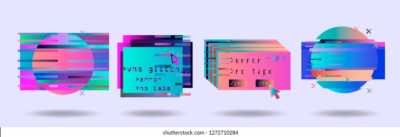 Big set of Glitched Frames: Computer screen error, pixalization, digital noise, lo-fi artefact in bold toxic pink, violet, blue, purple colors. Vaporwave/ Synthwave style.