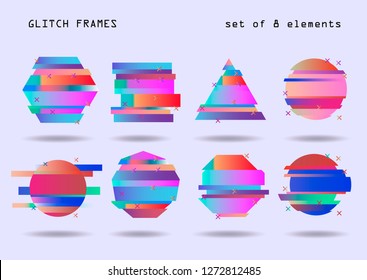 Big set of Glitched Frames: Computer screen error, pixalization, digital noise, lo-fi artefact in bold toxic pink, violet, blue, purple colors. Vaporwave/ Synthwave style.