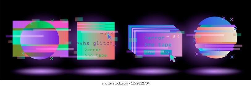 Big set of Glitched Frames: Computer screen error, pixalization, digital noise, lo-fi artefact in pink, violet, blue, purple neon colors. Collection of vector elements in Vaporwave/ Synthwave style.