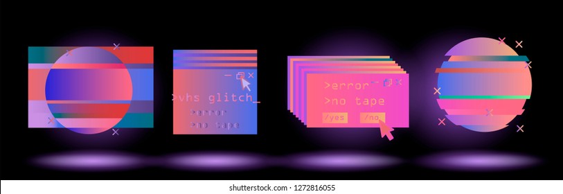 Big set of Glitched Frames: Computer screen error, pixalization, digital noise, lo-fi artefact in pink, violet, blue, purple neon colors. Collection of vector elements in Vaporwave/ Synthwave style.