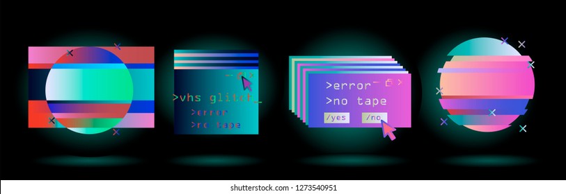 Big set of Glitched Frames: Computer screen error, pixalization, digital noise, lo-fi artefact in pink, violet, blue, purple neon colors. Collection of vector elements in Vaporwave/ Synthwave style.