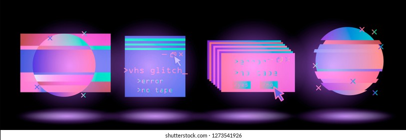 Big set of Glitched Frames: Computer screen error, pixalization, digital noise, lo-fi artifact in pink, violet, blue, purple neon colors. Collection of vector elements in Vaporwave Synthwave style.