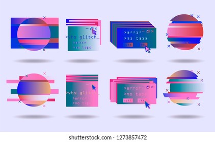 Big set of Glitched Frames: Computer screen error, pixalization, digital noise, lo-fi artefact in pink, violet, blue, purple pastel colors. Collection of vector elements in Vaporwave/ Synthwave style.