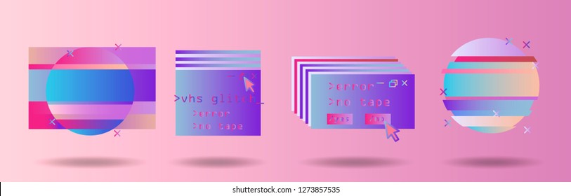 Big set of Glitched Frames: Computer screen error, pixalization, digital noise, lo-fi artefact in pink, violet, blue, purple pastel colors. Collection of vector elements in Vaporwave/ Synthwave style.