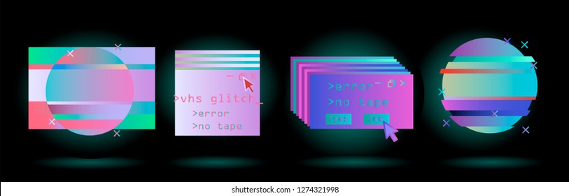 Big set of Glitched Frames: Computer screen error, pixalization, digital noise, lo-fi artefact in pink, violet, blue, purple neon colors. Collection of vector elements in Vaporwave/ Synthwave style.