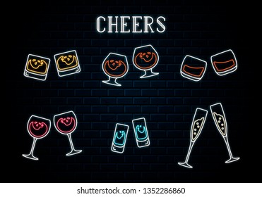 Big set of glowing neon clinking wine, wheskey, champagne, rum glasses and vodka or tequila shots. Vector isolated illustration. Icon for night bar background. Led luminous sign for pub signboard.