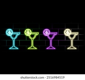 Big set of glowing neon clinking wine, wheskey, champagne, rum glasses and vodka or tequila shots. Vector isolated illustration. Icon for night bar background. Led luminous sign for pub signboard..