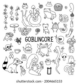 Big set of goblincore doodle with snail, strawberry, frog, girl, teapot, mushroom. Vector cottagecore illustrations on white background.