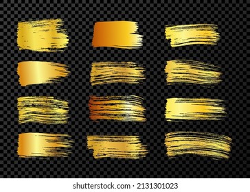 Big set of gold brush strokes. Hand drawn ink spots isolated on dark transparent background. Vector illustration