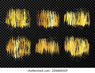 Big set of gold brush strokes. Hand drawn ink spots isolated on dark transparent background. Vector illustration