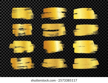 Big set of gold brush strokes. Hand drawn ink spots isolated on dark transparent background. Vector illustration