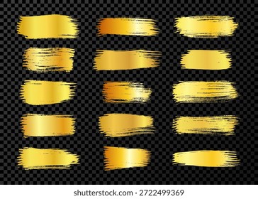 Grande conjunto de pinceladas de ouro. Manchas de tinta desenhadas à mão isoladas em fundo transparente escuro. Ilustração vetorial