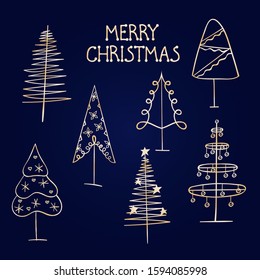 Big set of Gold christmas trees and handwritten text Merry Christmas on blue background.Vector illustration. New Year elements for paper design, logo and greeting card.