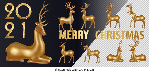 Big set gold deer. Merry Christmas Happy New Year deer greeting card illustration, realistic 3d solid gold reindeer on white background with festive typography quote and blur lights.