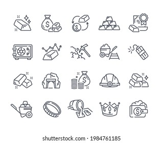 Big set of gold icons. Price change, mine, dynamite, safe deposit, stack of gold bars. Editable Stroke. Collection of outlined linear minimal style vector illustrations isolated on white background