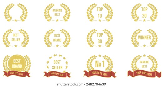 Big set of gold Laurel Wreath and ribbon in trendy flat style. Winner award ranking collection. Luxury vector illustration for web and social media design. EPS 10