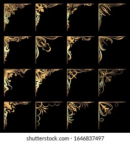 Big set of gold vector corners on a black background