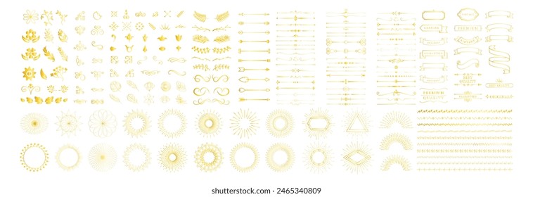 Big set of gold vintage line elements. Retro design elements. Ornaments and Frames. Drawing geometrics line