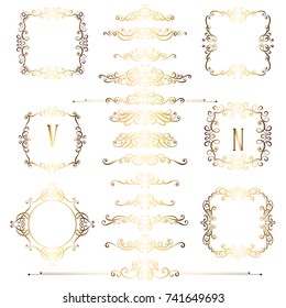 Big set of gold vintage styled calligraphic frames and flourishes, complex and exquisite decoration for invitation or greeting card.