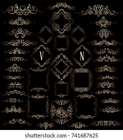 Big set of gold vintage styled calligraphic frames and flourishes, complex and exquisite decoration for invitation or greeting card.