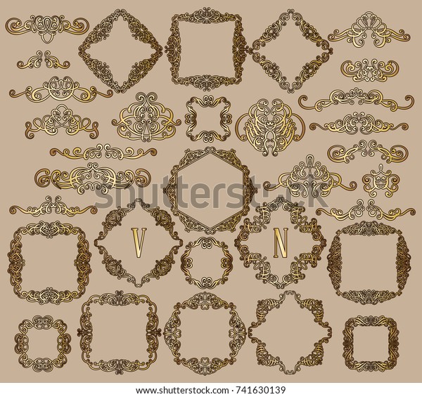 Big set of gold vintage styled calligraphic frames\
and flourishes, complex and exquisite decoration for invitation or\
greeting card.
